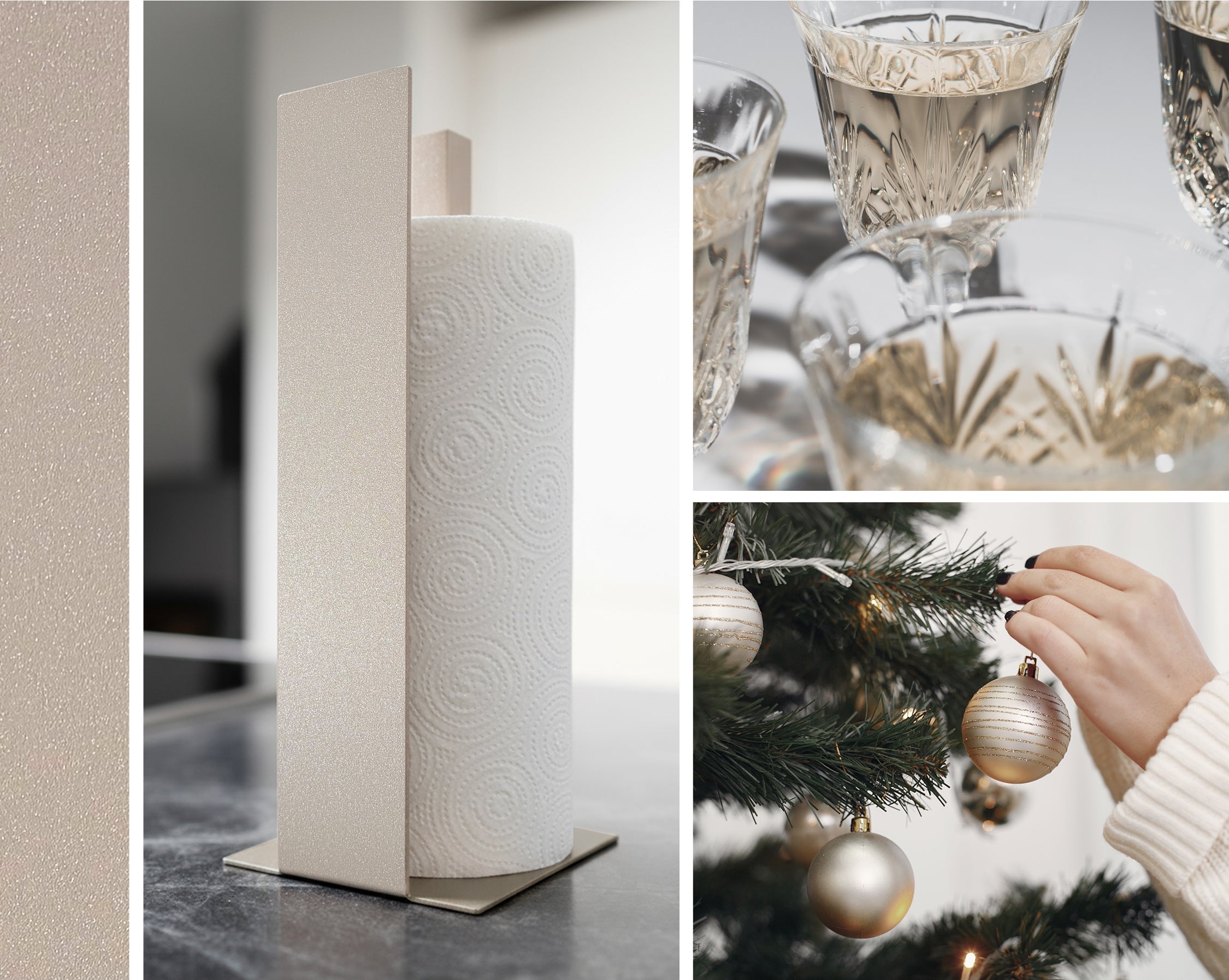 Eine Collage die unsere neue Farbe Champagner zeigt. Mit zwei passenden weihnachtlichen Bildern einmal Champagner Gläsern im passenden Farbton und einmal champagnerfarbene Glitzerkugeln die an einen Weihnachtsbaum gehängt werden.