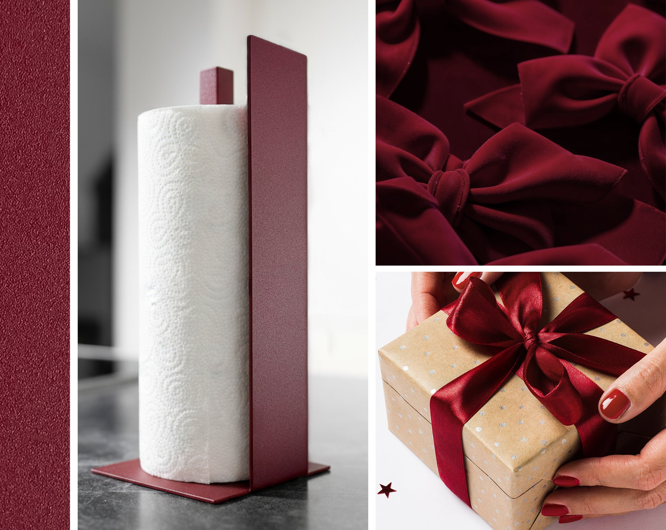 Collage die unsere neue Farbe Velvet red zeigt. Mit unserem Küchenrollenhalter Granada und zwei passenden Bildern einmal velvet roten Schleifen und einem Paket mit dunkelroter Schleife.