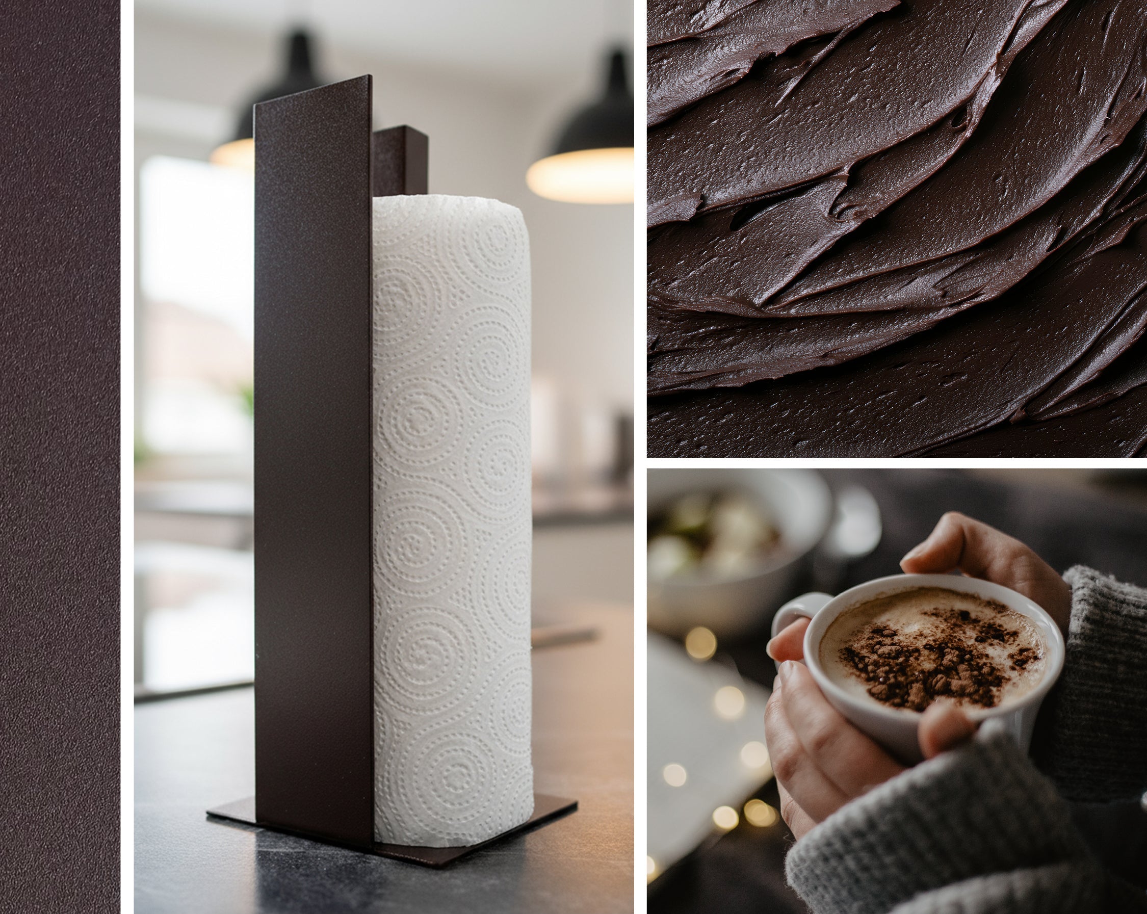 Eine Collage die unsere neue Farbe Marone zeigt. Mit zwei passenden Bildern einmal einem dunklen Schokomousse im Close Up und einmal einer Tasse mit Milchschaum und dunkelbraunem Kakao on top und leicht glitzernden Lichtern im Hintergrund.