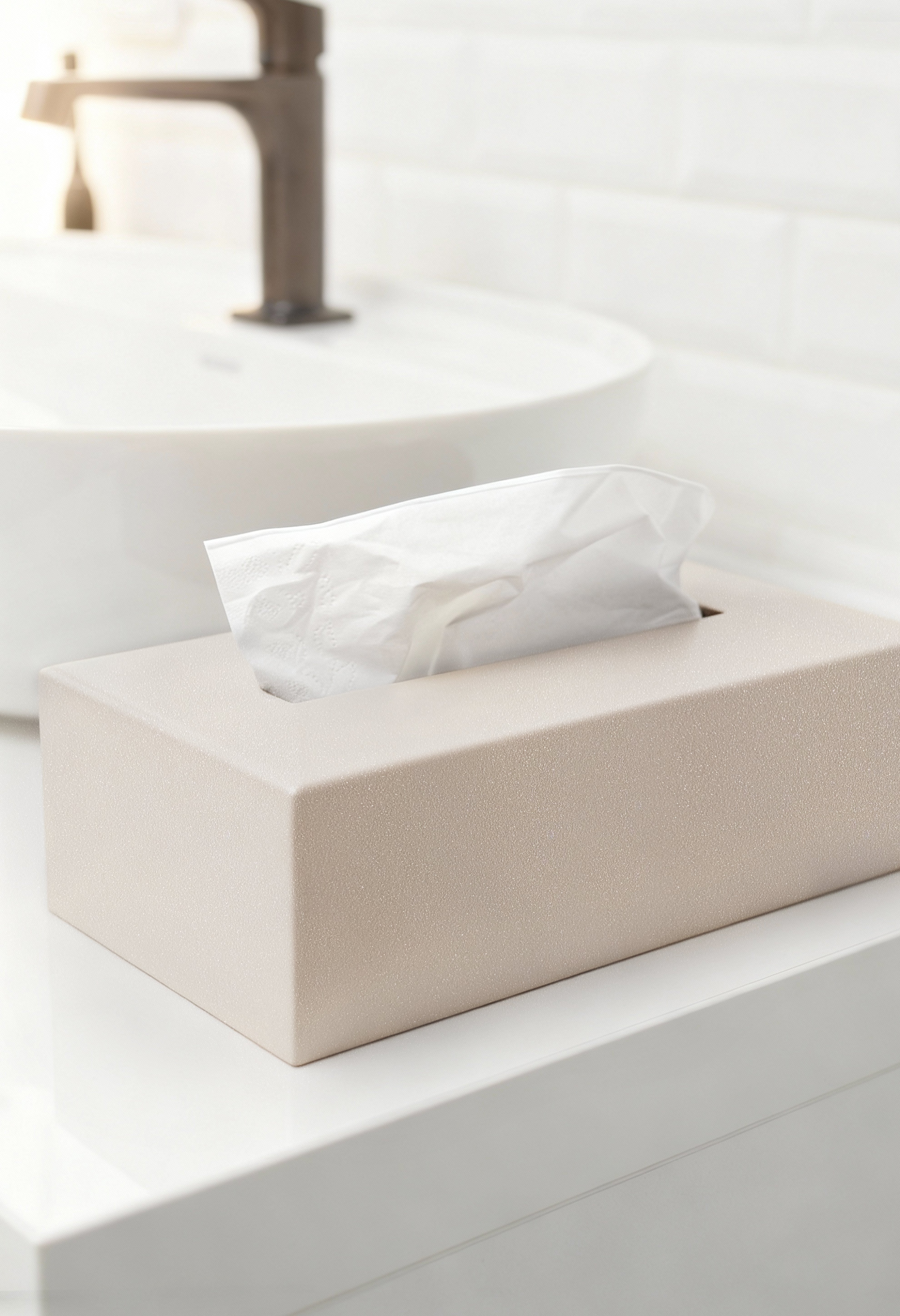 Kosmetiktuchbox in Champagner auf in einem hellen weißen Bad.