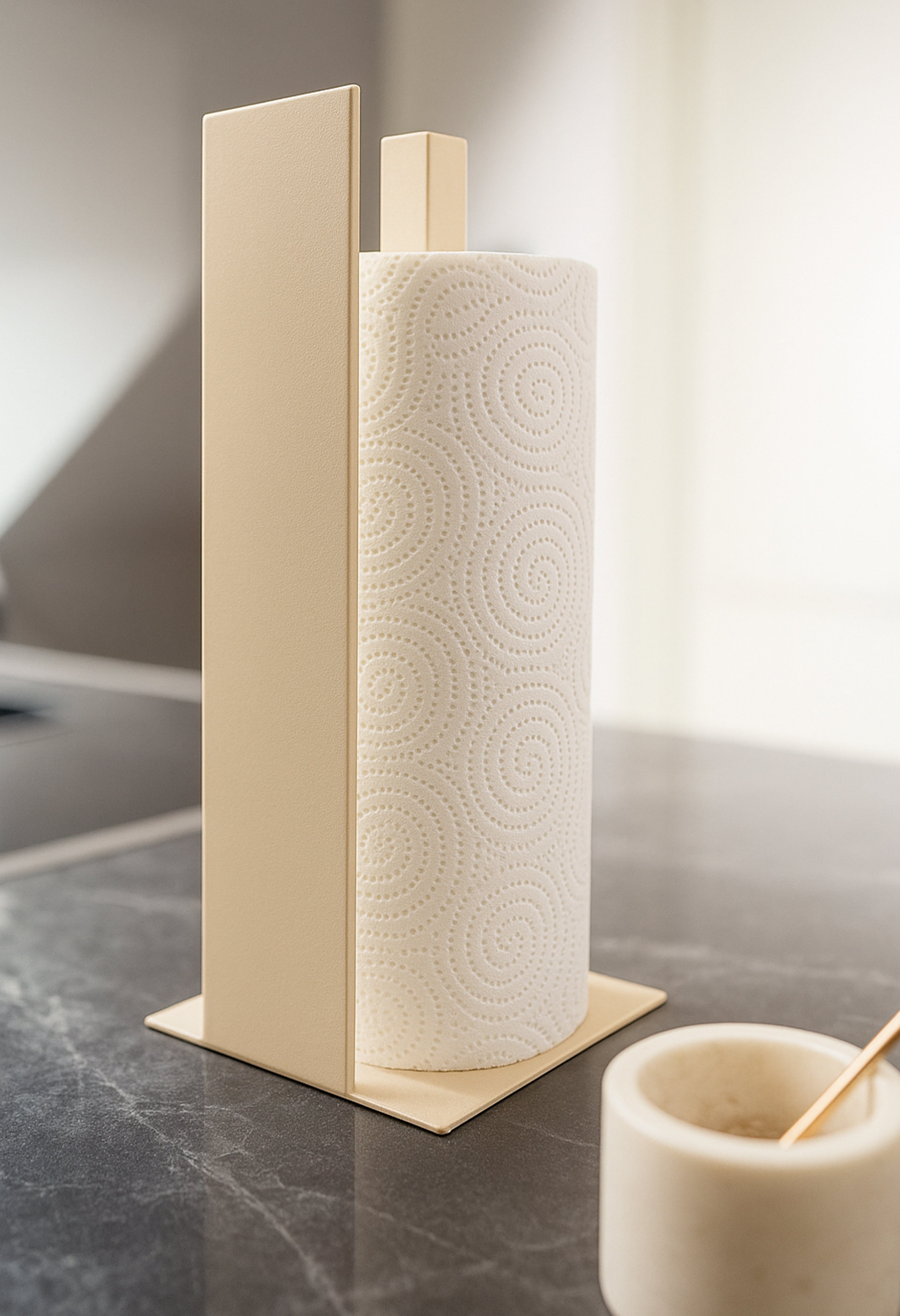 Küchenrollenhalter in beige mit Blende vorne auf schwarzer Mamorplatte