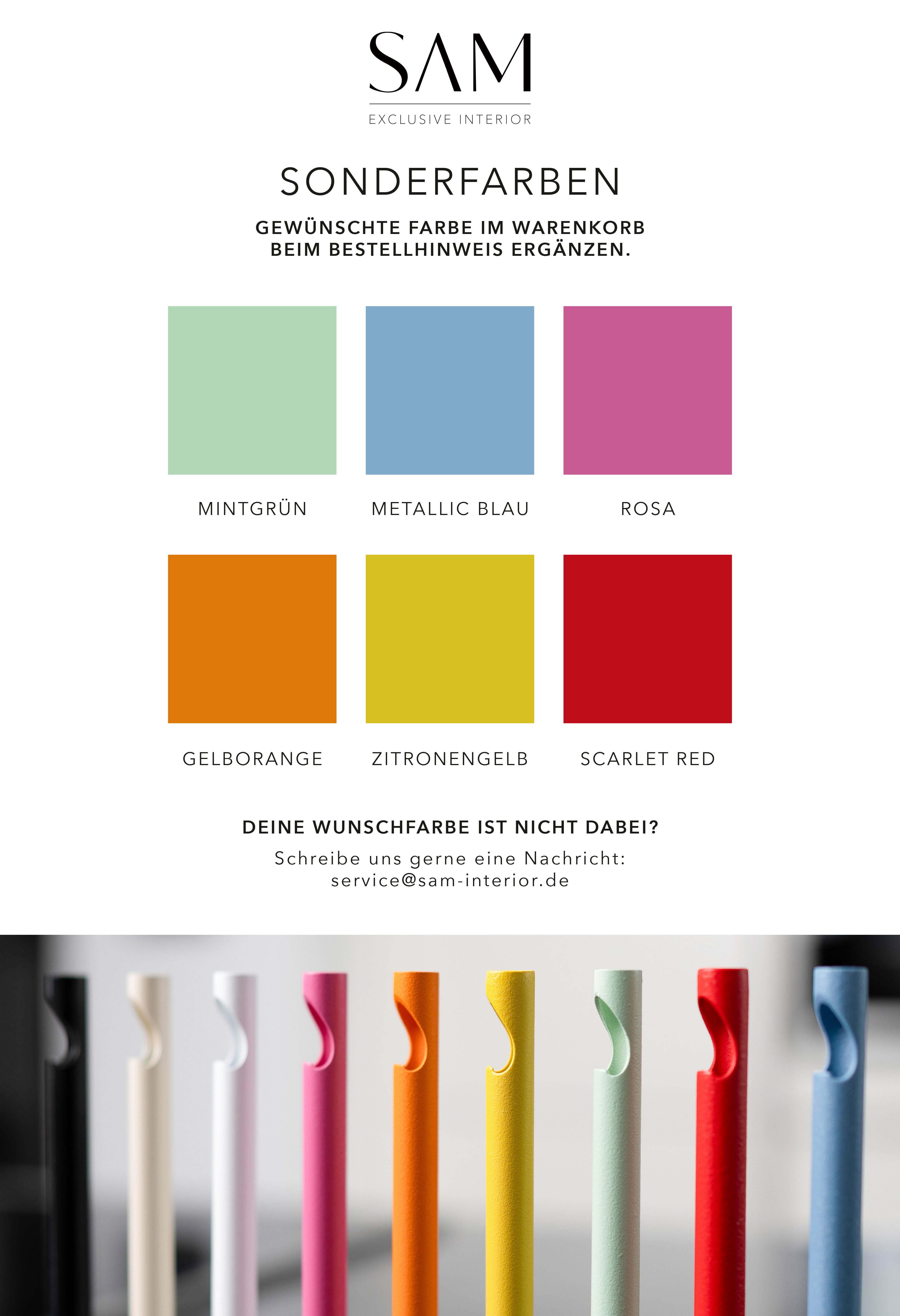 Übersicht mit Farbfeldern für die wählbaren Sonderfarben von SAM Exclusive Interior. Am unteren Rand des Schaubilds sind die Flaschenöffner in allen erhältlichen Farben abgebildet.