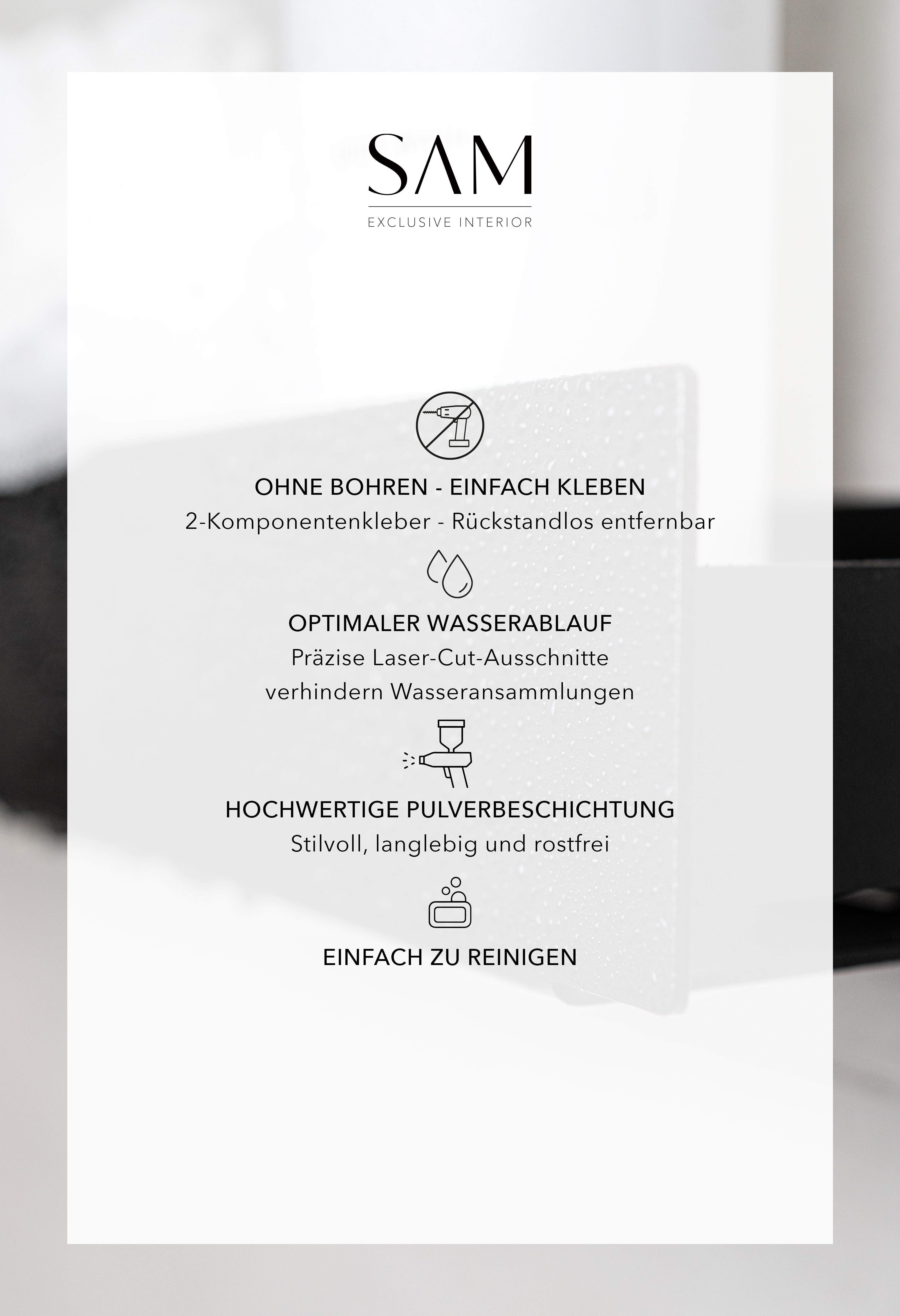 USPs der Duschablage Korsika. Ohne bohren, Optimaler Wasserablauf, Hochwertige Pulverbeschichtung, Einfach zu reinigen.