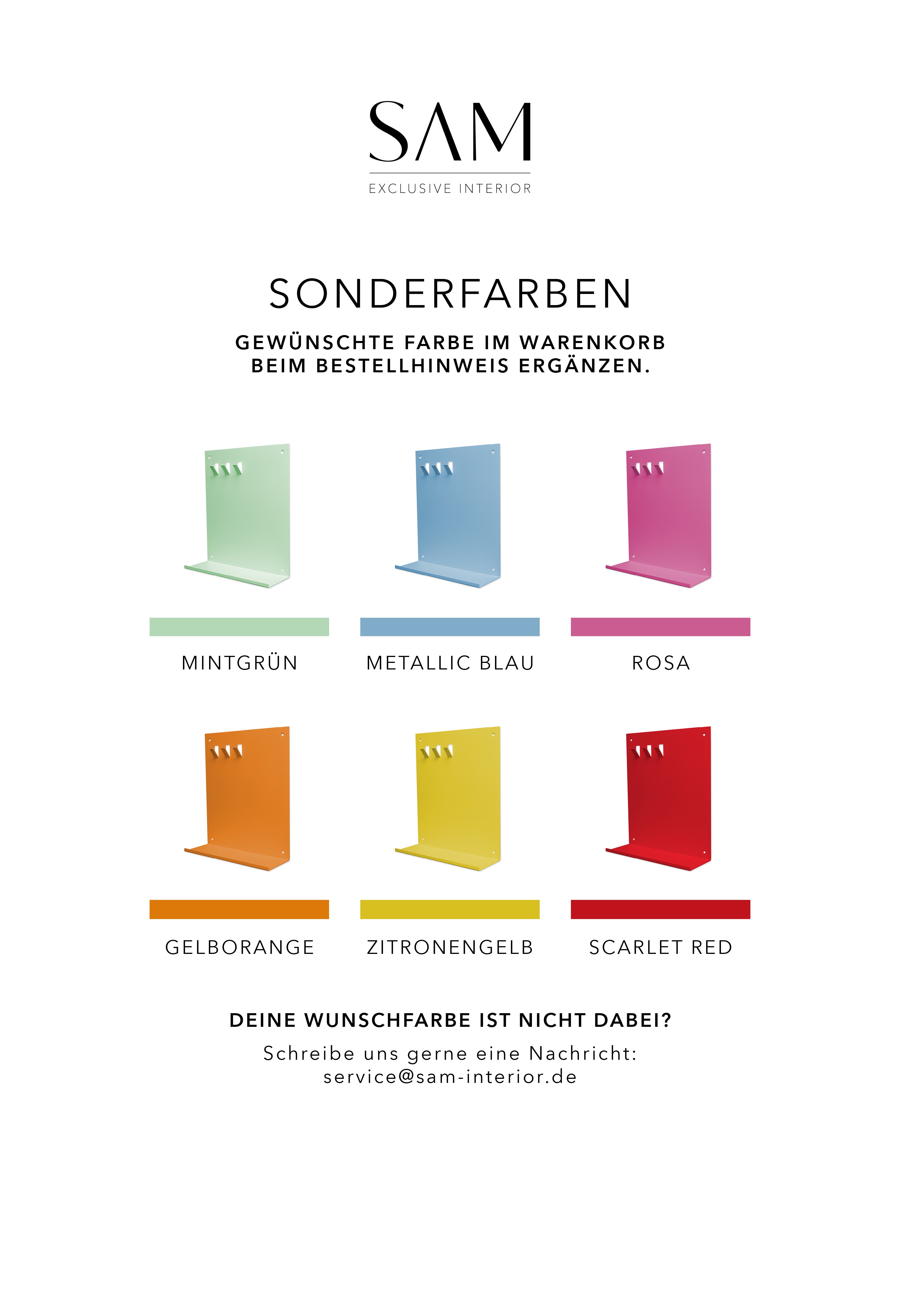 Übersicht mit Produktbildern von Schlüsselbrett LAZISE in den verschiedenen Farben sowie schmalen Farbstreifen für die wählbaren Sonderfarben von SAM Exclusive Interior.
