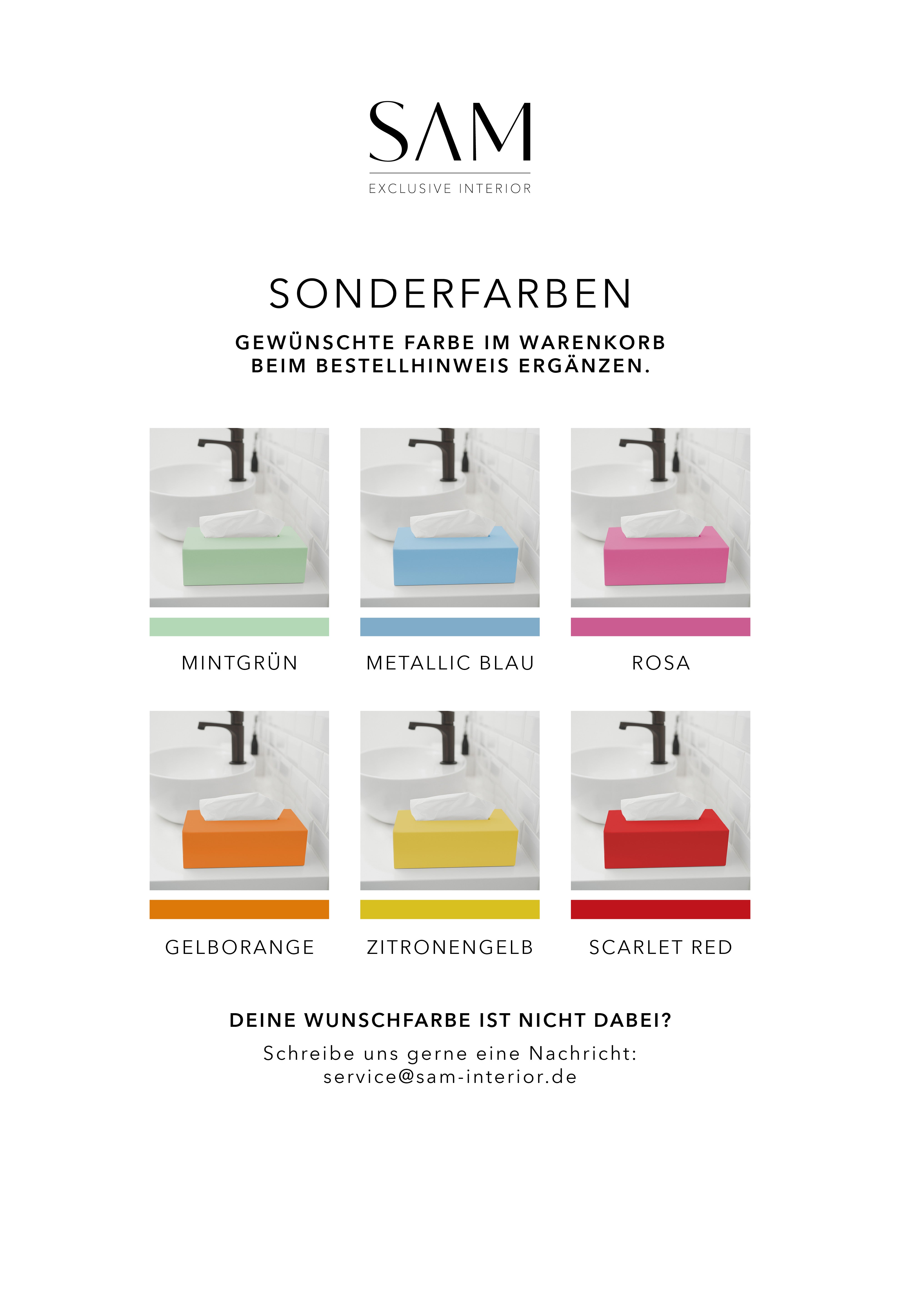 Übersicht mit Produktbildern von Kosmetiktuchbox PORTO in den verschiedenen Farben sowie schmalen Farbstreifen für die wählbaren Sonderfarben von SAM Exclusive Interior.