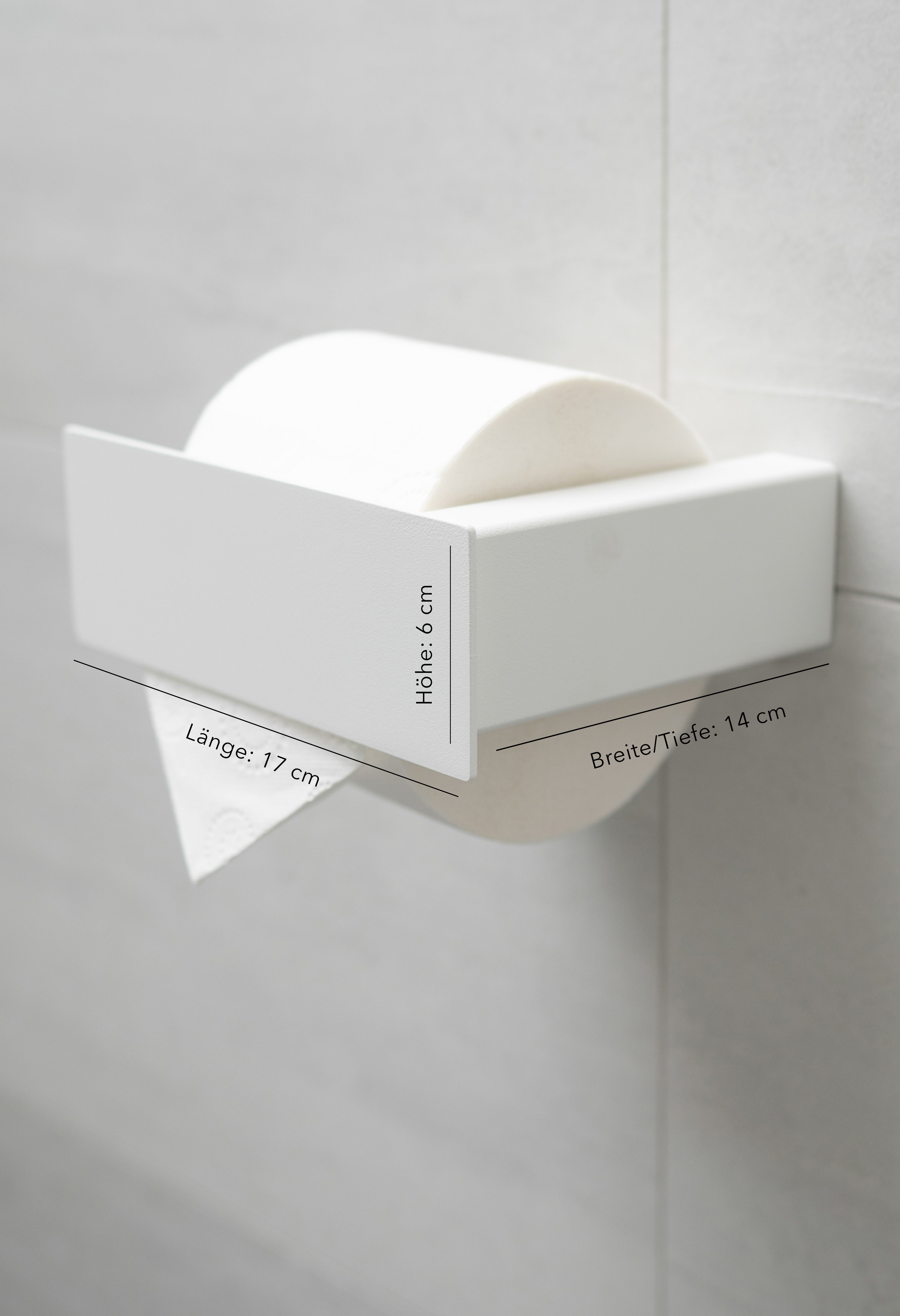 Toilettenpapierhalter in weiss mit eingezeichneten Maßanagaben