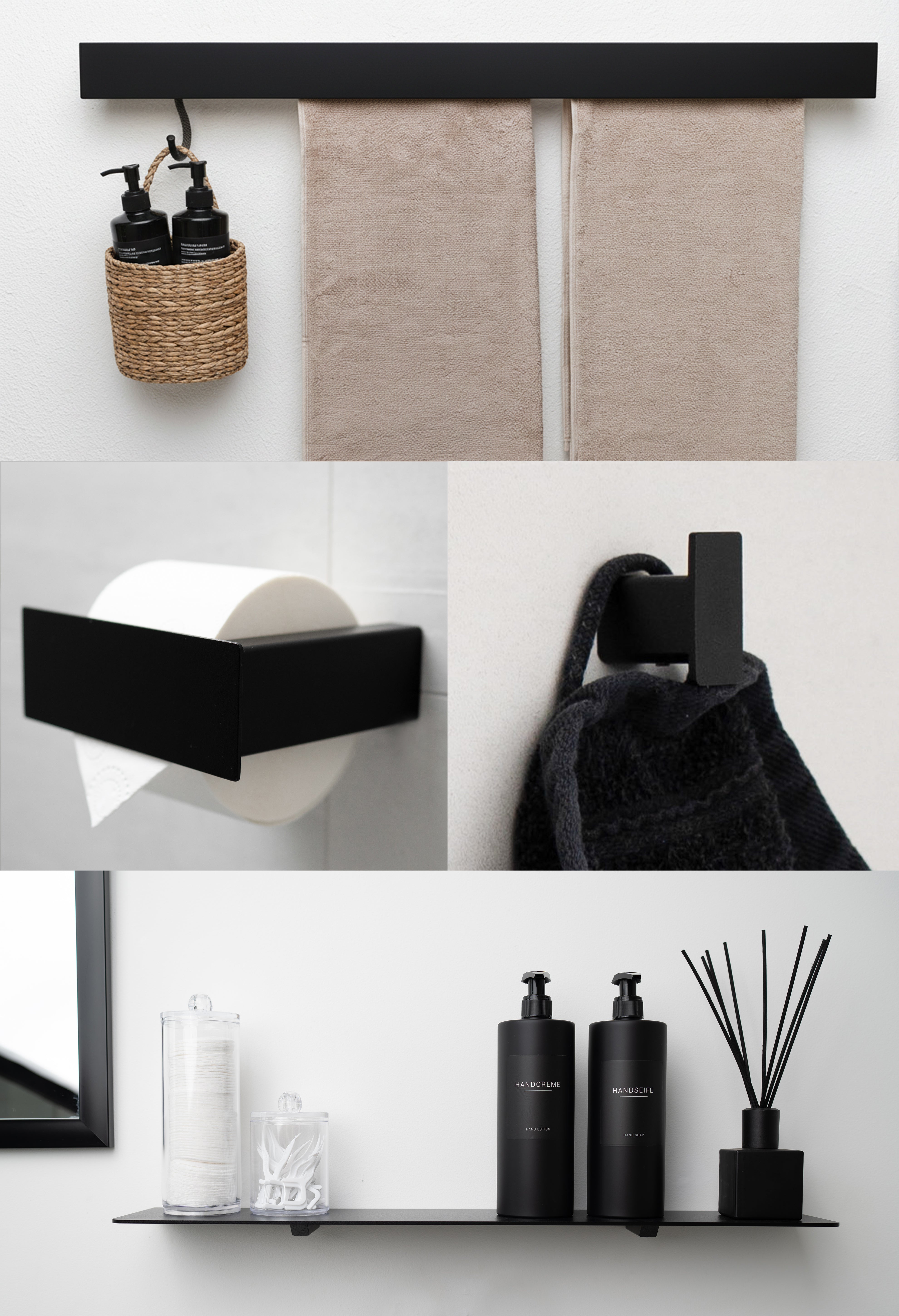 Collage vom Badezimmer Set XL. Sie zeigt: Handtuchhalter Cannes mit Blende, dem Toilettenpapierhalter Marseille mit Blende, dem Wanhaken Nizza und dem Regal Lagos in schwarz.