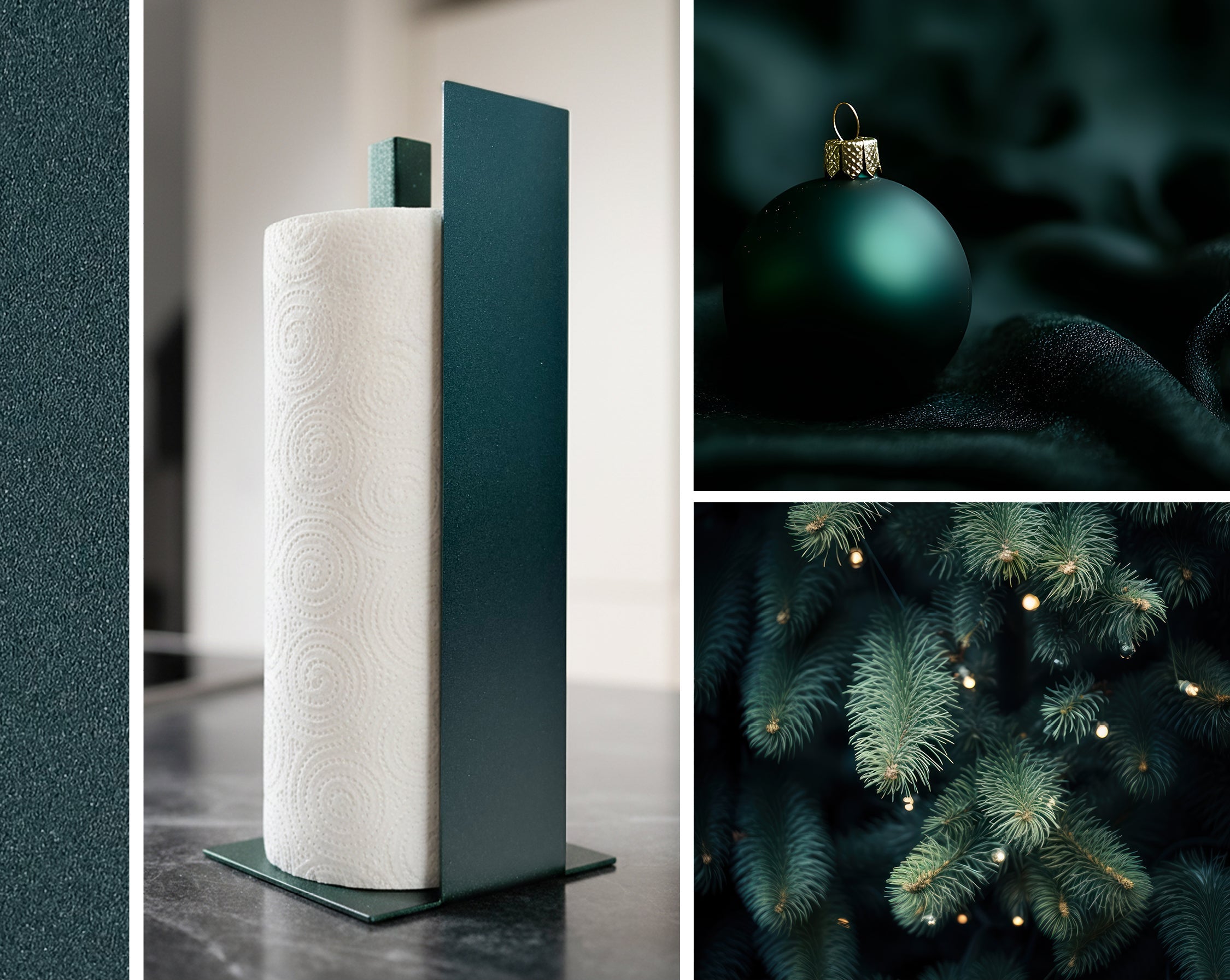 Eine Collage die unsere neue Farbe Sparkling Green zeigt. Mit zwei passenden Bildern im gleichen Farbton dazu einmal eine weihnachtzskugel in dunklem grün auf dunklem Samt und einmal ein CloseUp von Tannenzweigen mit leichten sparkling Lichtern.
