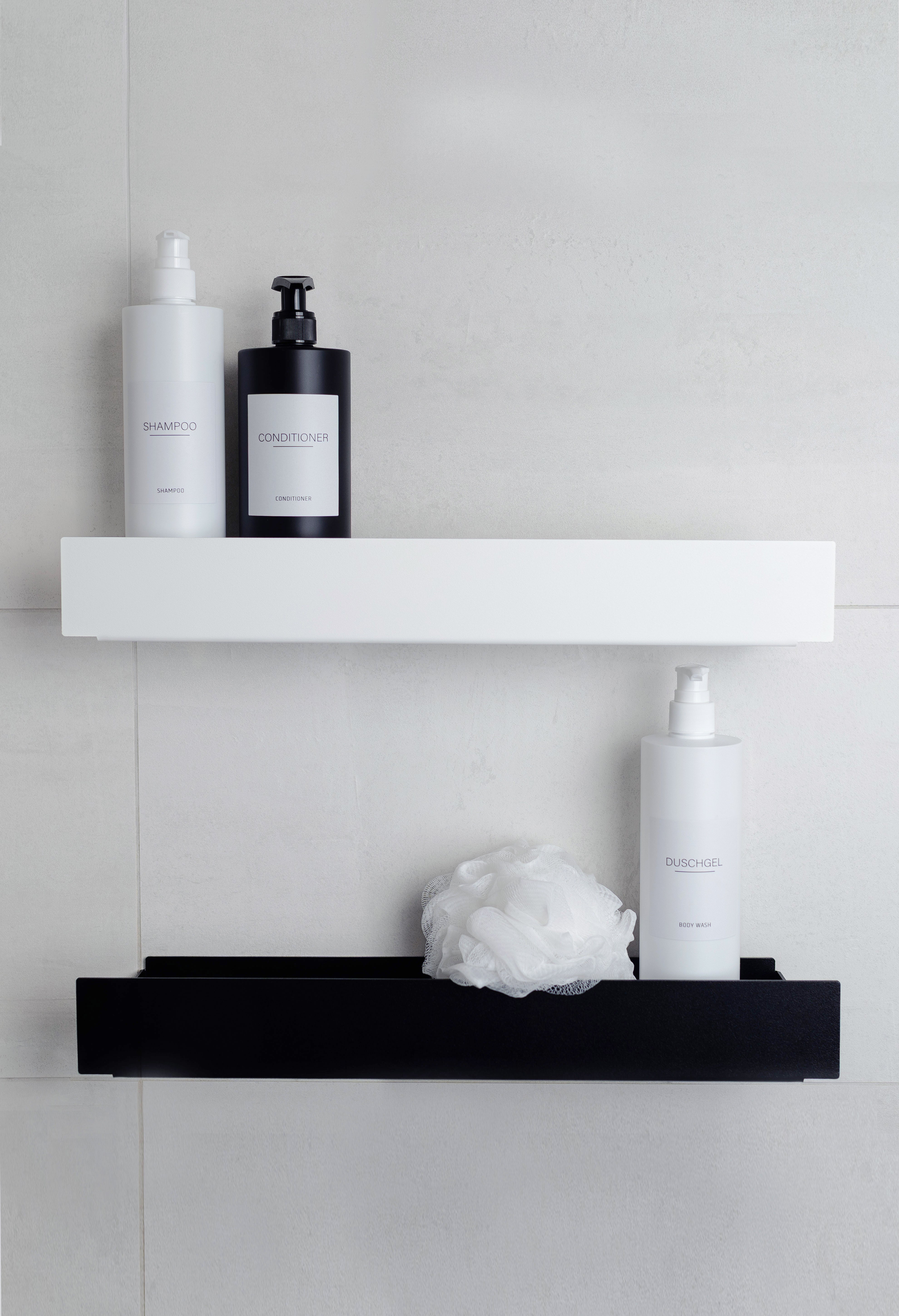 Duschablage KORSIKA ohne Bohren, Schwarz-Weiß Kombination im modernen Bad