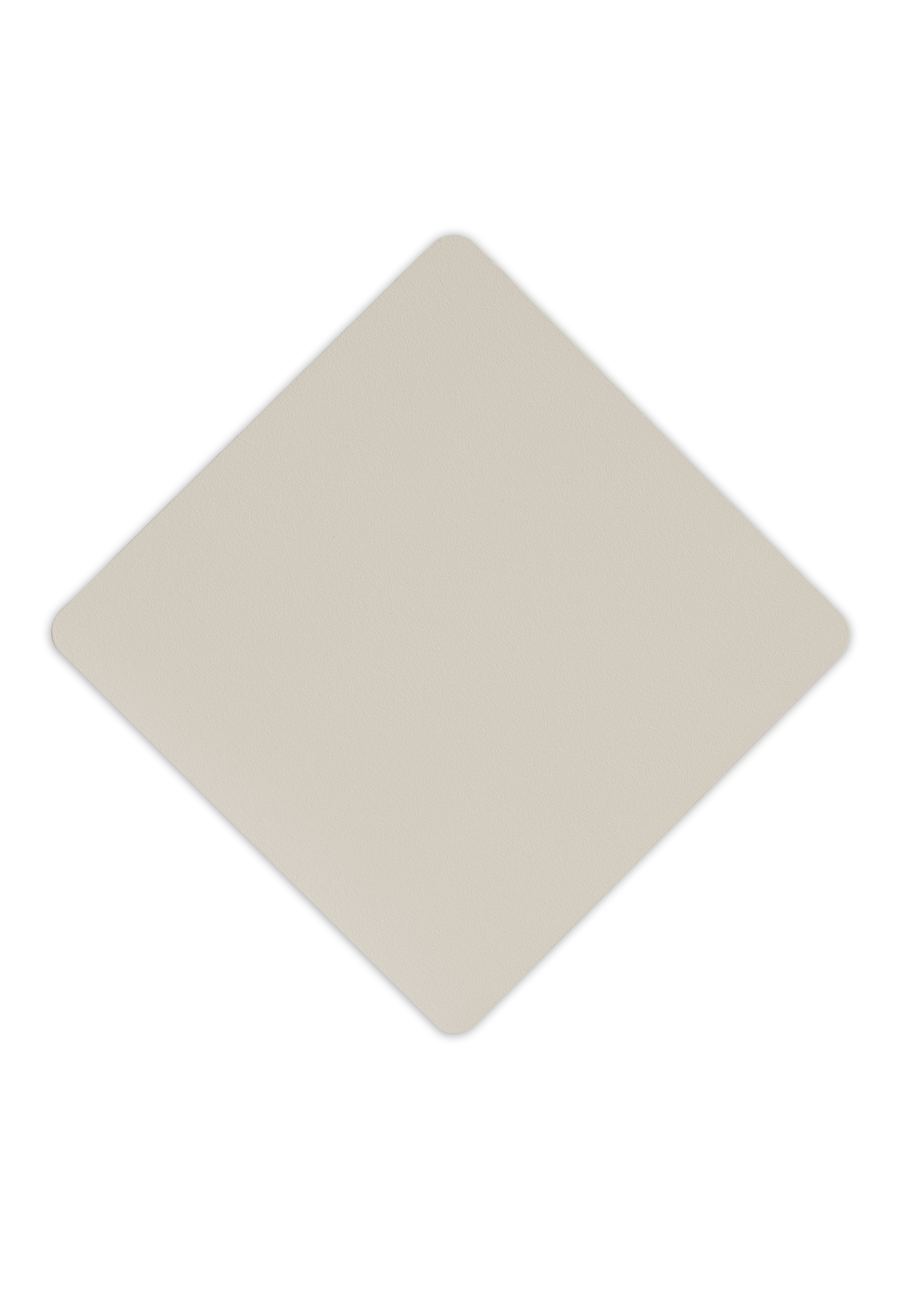 Metall-Untersetzer, der als Farbmuster fungiert in quadratischer Form pulverbeschichtet in der Farbe Beige.