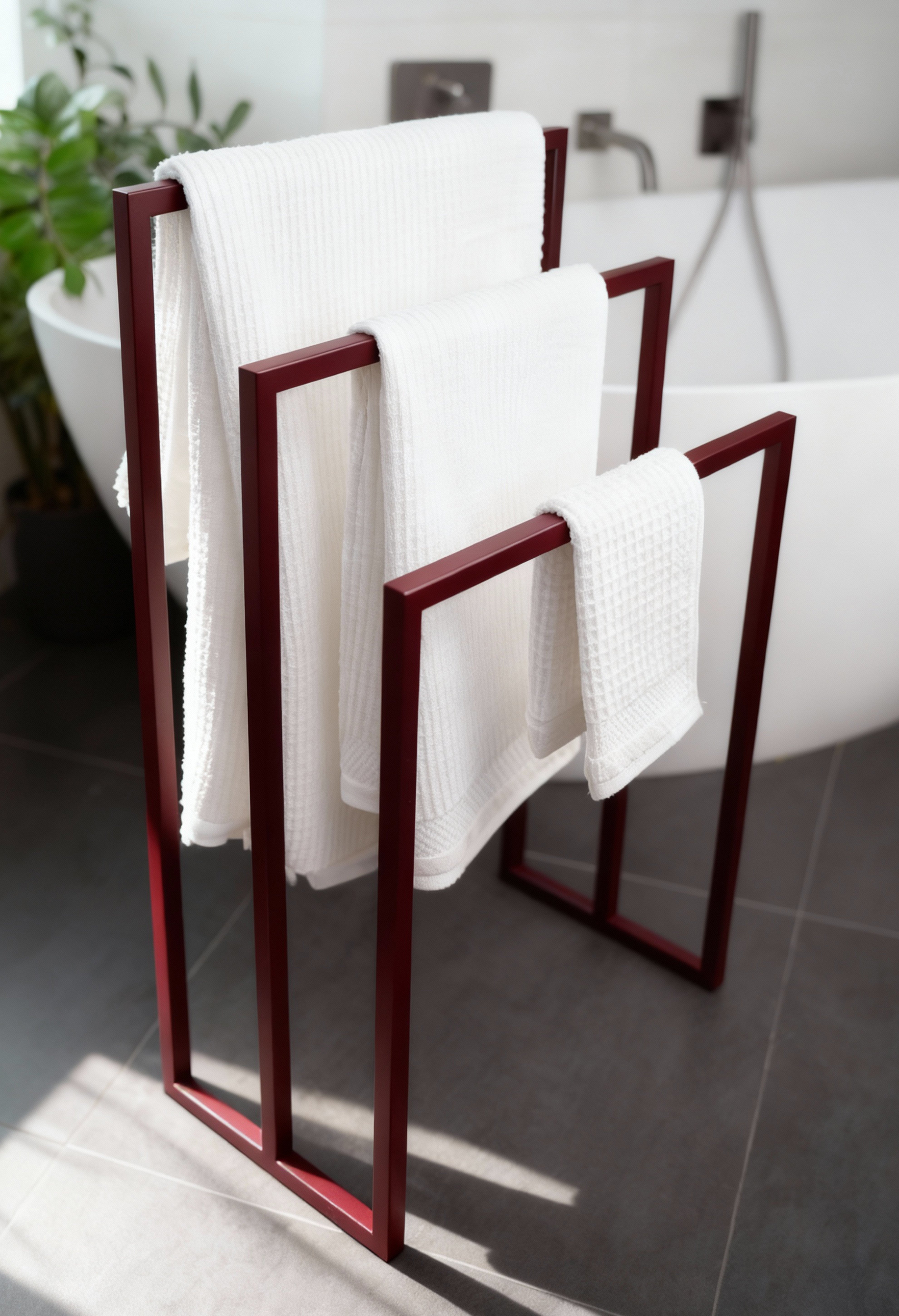 Freistehender Handtuchhalter in Velvet Red aus Metall mit drei unterschiedlich hohen Stangen für Handtücher verschiedener Größen. Der Handtuchhalter steht vor einer modernen großen Badewanne in einem eleganten Badezimmer mit dunklen Fliesen