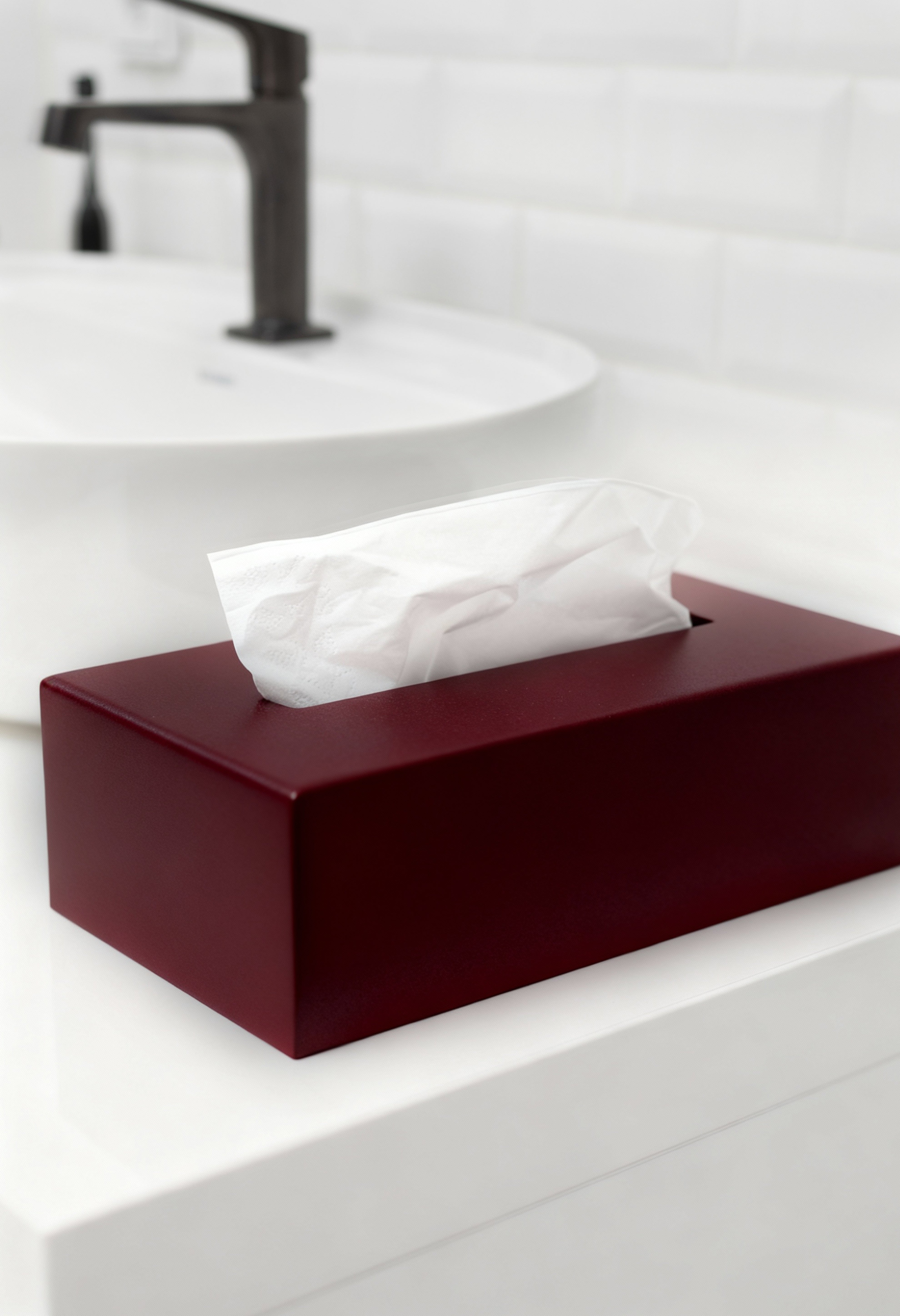 Kosmetiktuchbox in Velvet Red auf in einem hellen weißen Bad.