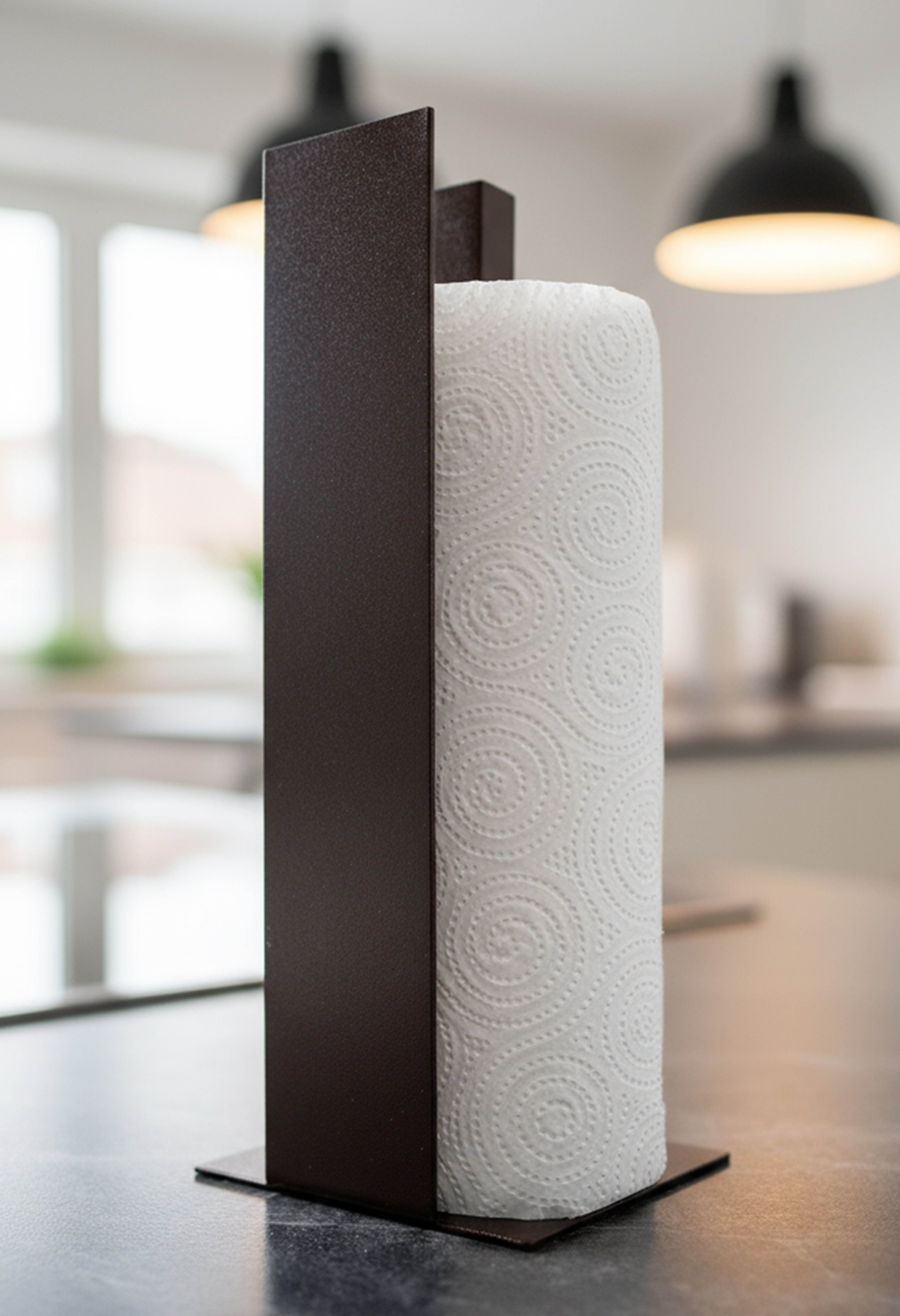 Küchenrollenhalter Granada pulverbeschichtet matt in Marone, auf einer dunklen Marmorarbeitsfläche in einer hellen Küche. Schräge Ansicht von vorne.