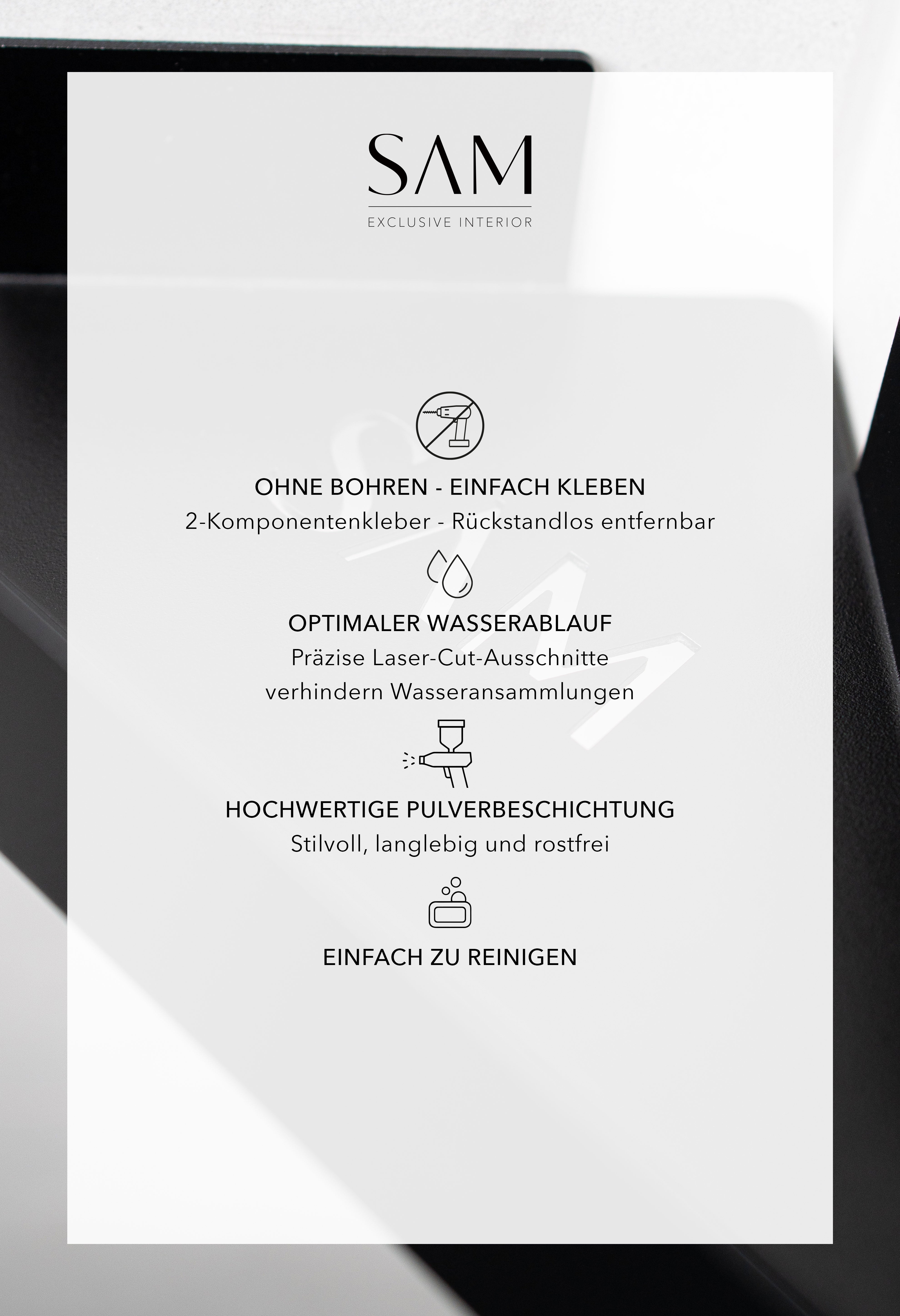 USPs für die Duschablage Monte Carlo. Ohne Bohren - Einfach Kleben, Optimaler Wasserablauf, Hochwertige Pulverbeschichtung, Einfach zu reinigen.