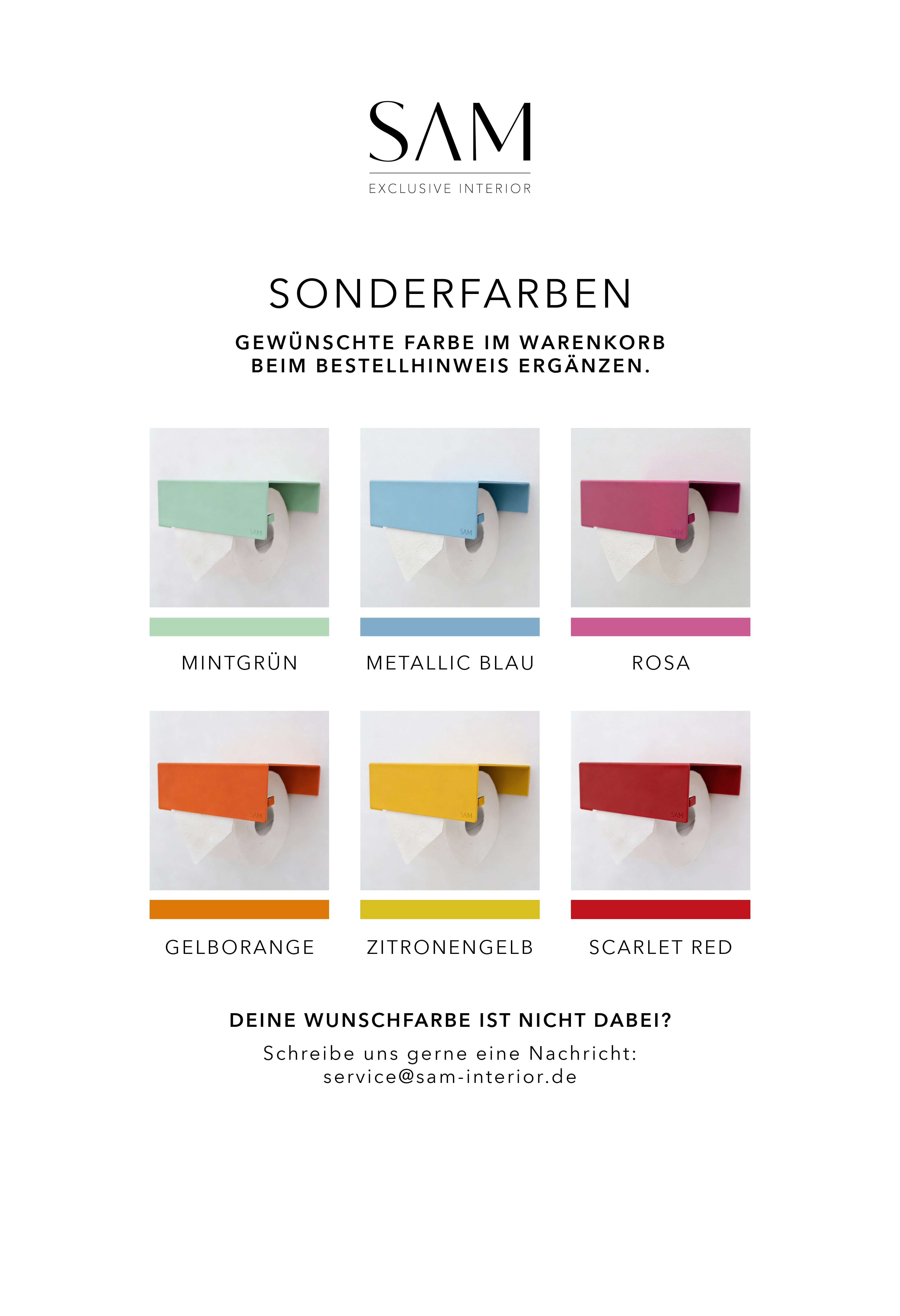 Übersicht mit Produktbildern von Toilettenpapierhalter LILLE in den verschiedenen Farben sowie schmalen Farbstreifen für die wählbaren Sonderfarben von SAM Exclusive Interior.