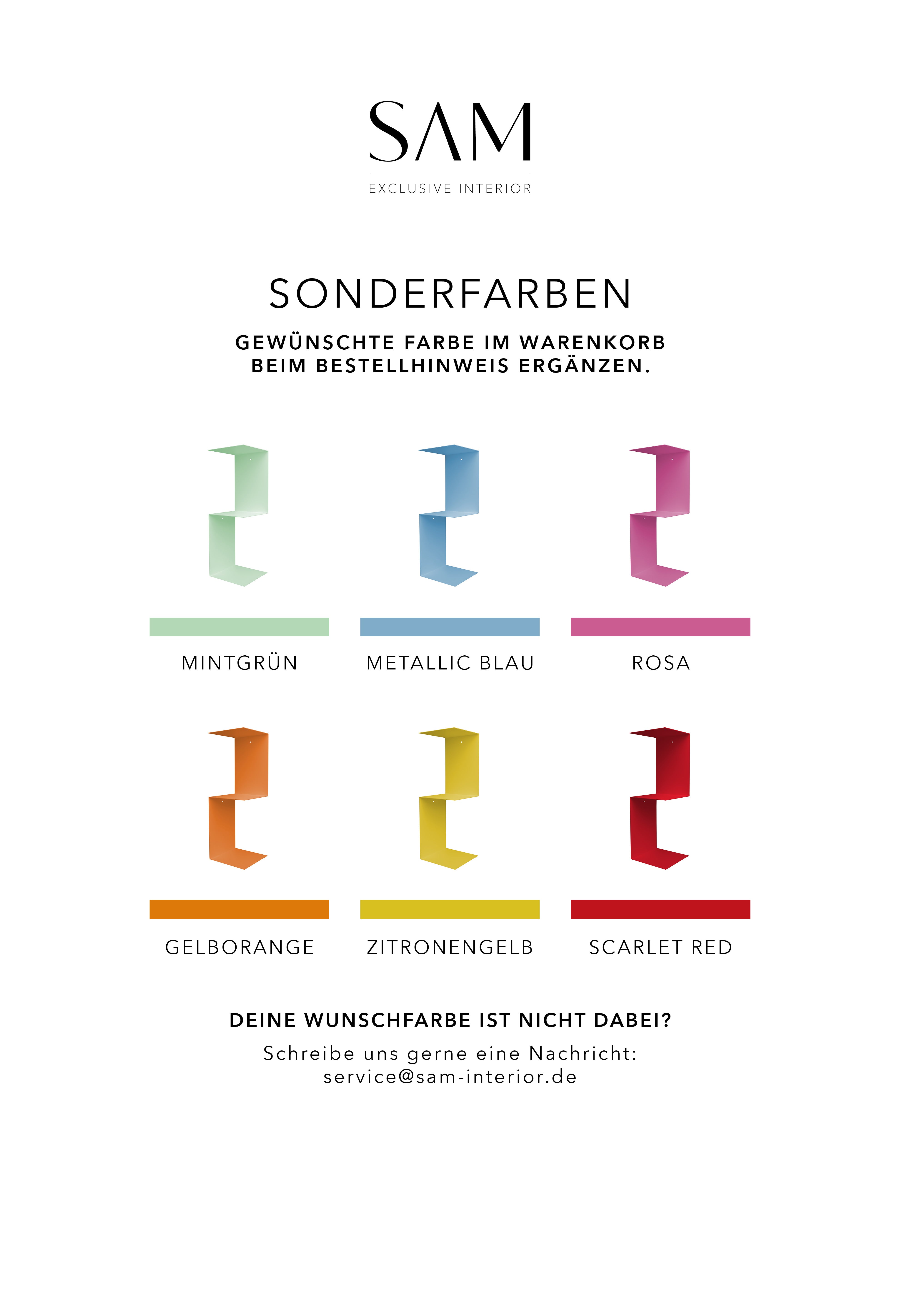 Übersicht mit Produktbildern von Eckwandregal LISSABON in den verschiedenen Farben sowie schmalen Farbstreifen für die wählbaren Sonderfarben von SAM Exclusive Interior.