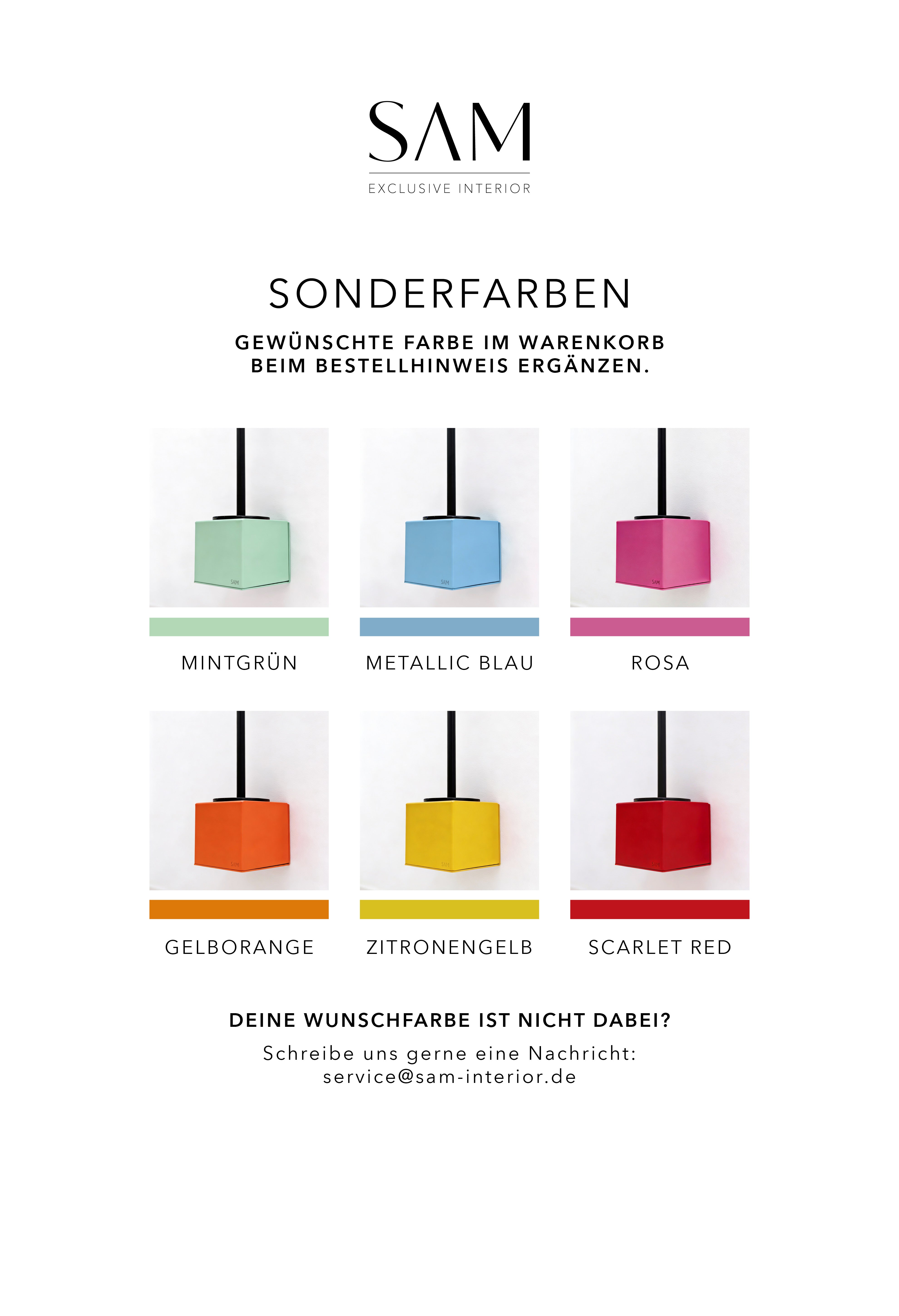 Übersicht mit Produktbildern von WC-Bürstenhalter LYON in den verschiedenen Farben sowie schmalen Farbstreifen für die wählbaren Sonderfarben von SAM Exclusive Interior.