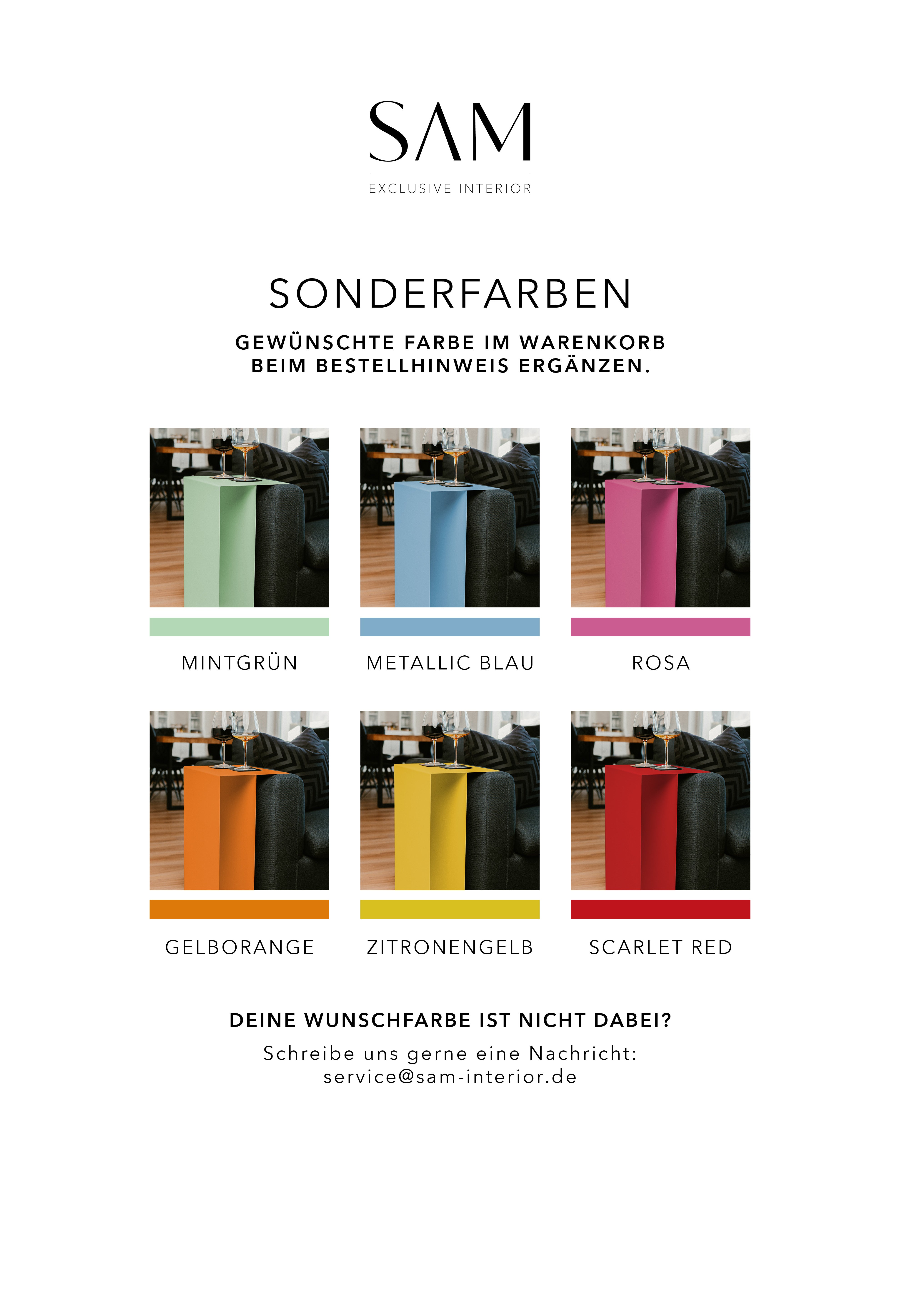 Übersicht mit Produktbildern von Beistelltisch MADEIRA in den verschiedenen Farben sowie schmalen Farbstreifen für die wählbaren Sonderfarben von SAM Exclusive Interior.