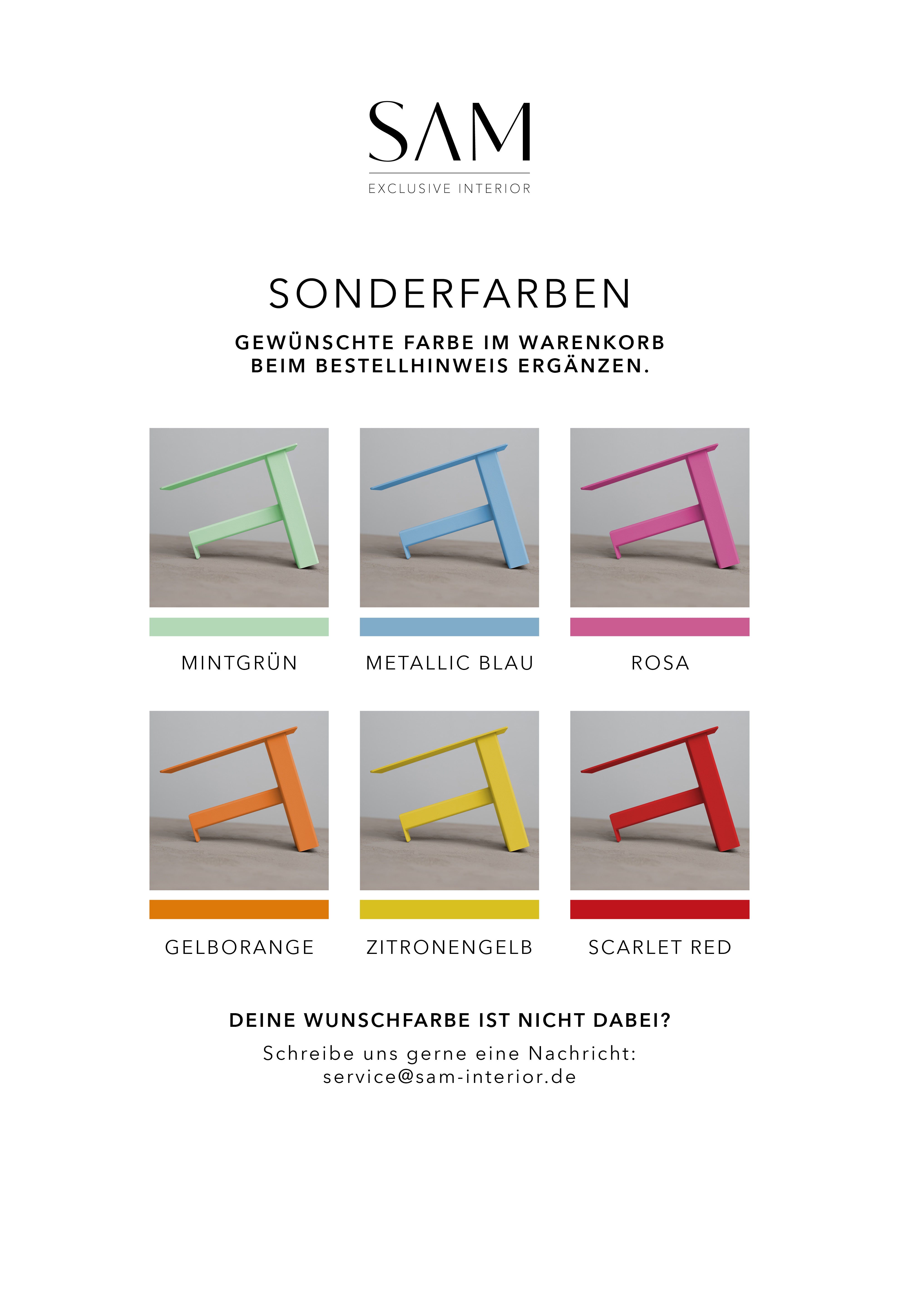 Übersicht mit Produktbildern von Toilettenpapierhalter MARSEILLE in den verschiedenen Farben sowie schmalen Farbstreifen für die wählbaren Sonderfarben von SAM Exclusive Interior.