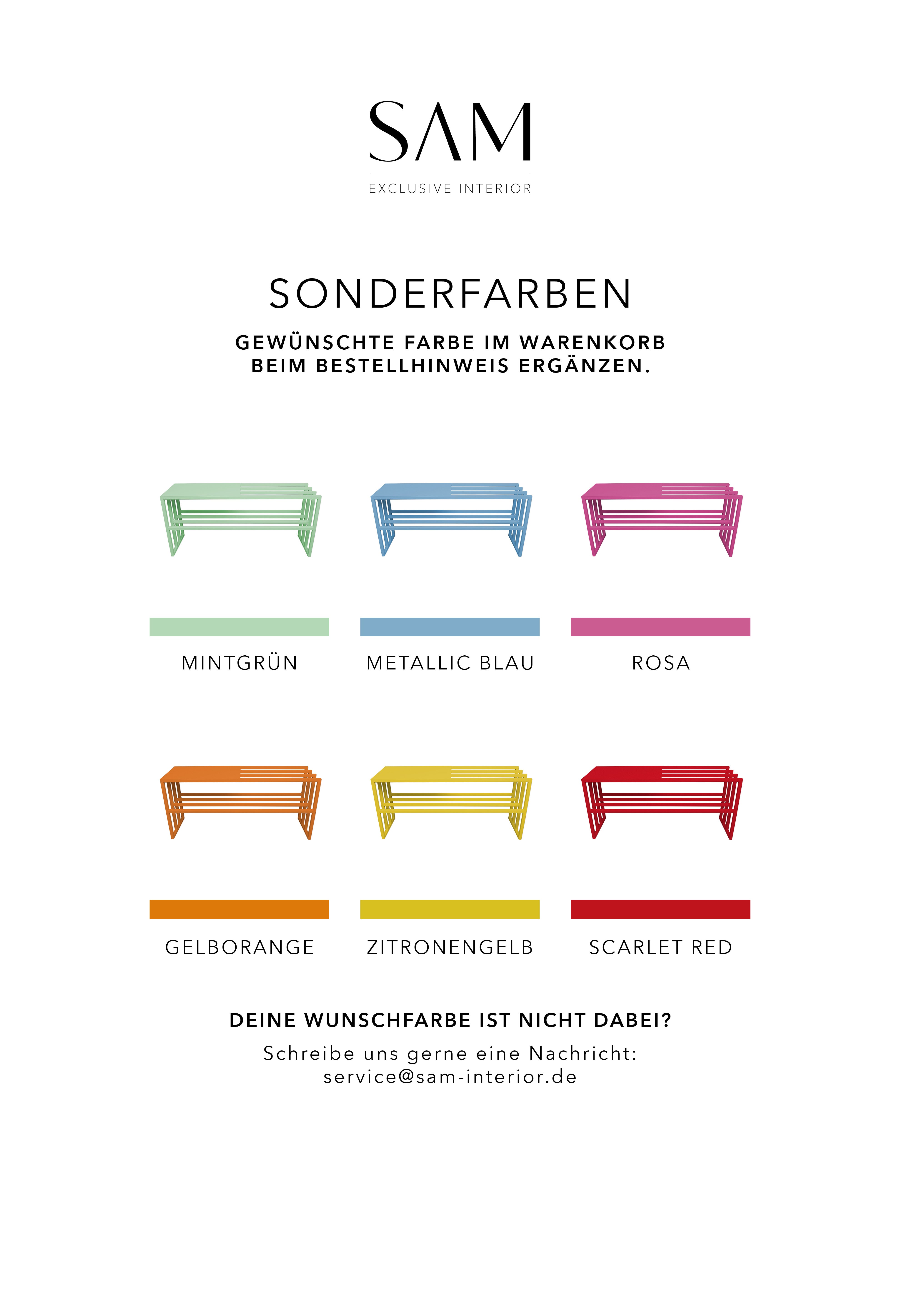 Übersicht mit Produktbildern von Schuhregal MILANO in den verschiedenen Farben sowie schmalen Farbstreifen für die wählbaren Sonderfarben von SAM Exclusive Interior.