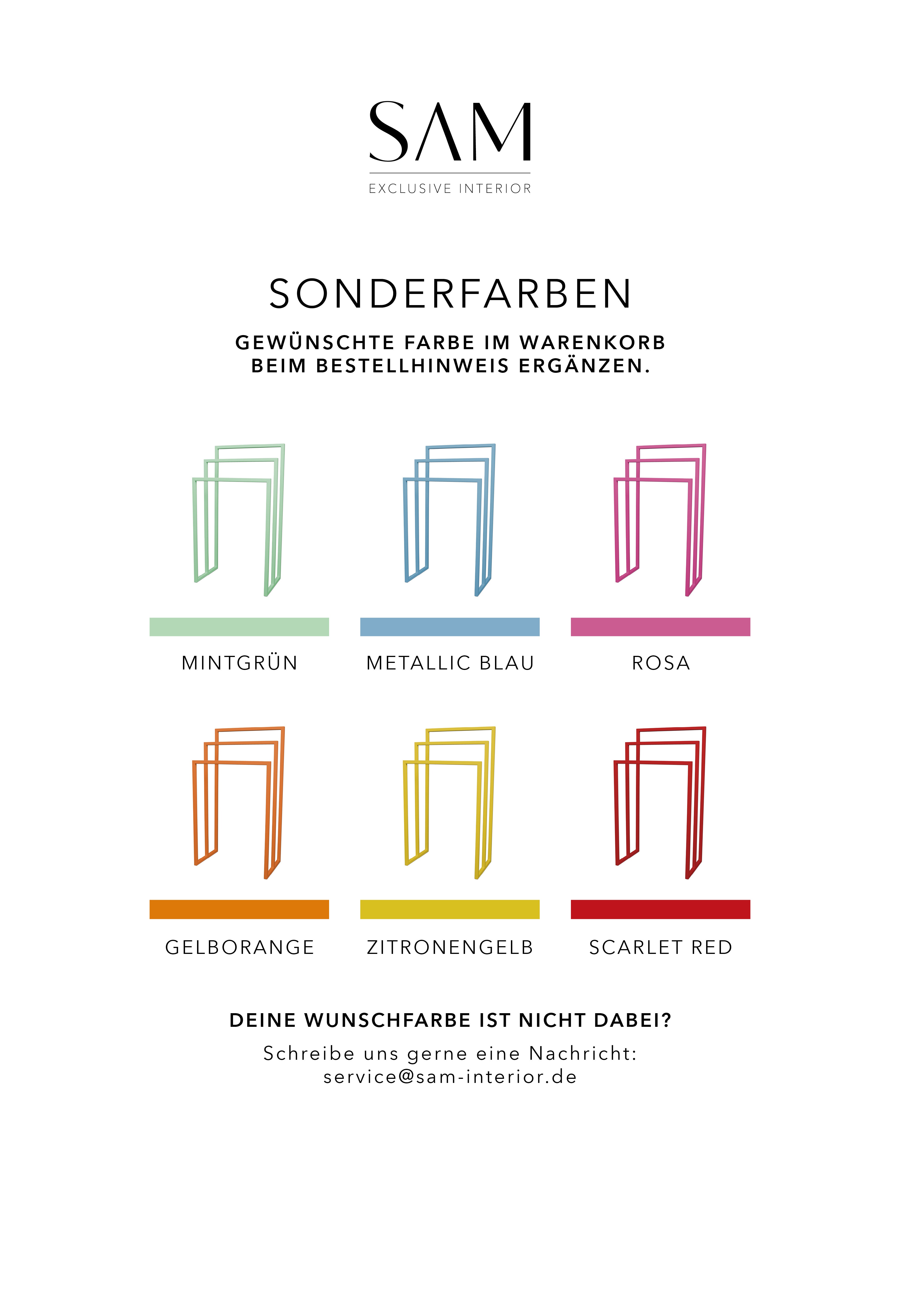 Übersicht mit Produktbildern von Handtuchhalter MONACO in den verschiedenen Farben sowie schmalen Farbstreifen für die wählbaren Sonderfarben von SAM Exclusive Interior.