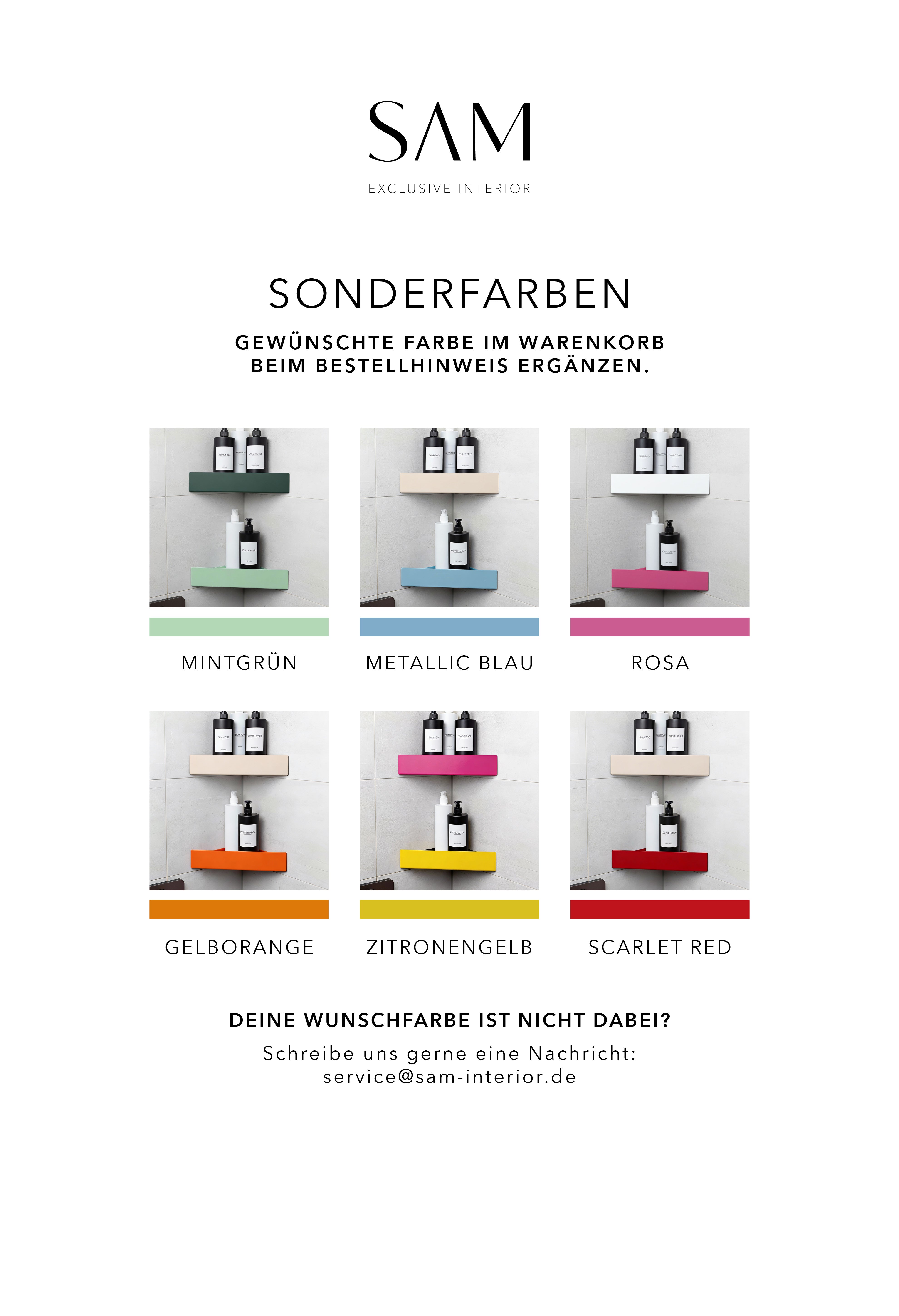 Übersicht mit Produktbildern von Duschablage MONTE CARLO in den verschiedenen Farben sowie schmalen Farbstreifen für die wählbaren Sonderfarben von SAM Exclusive Interior.