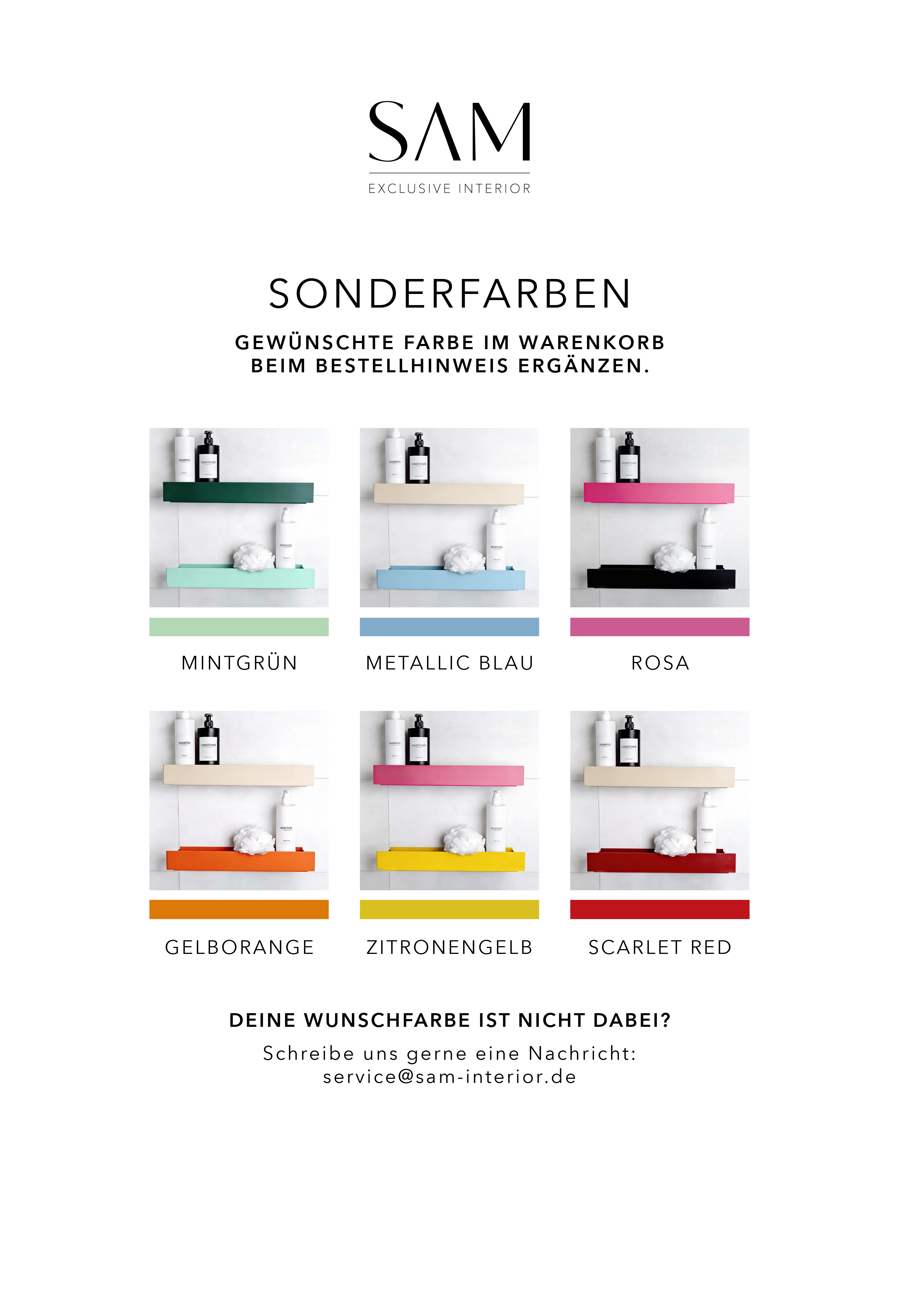 Übersicht mit Produktbildern von Duschablage KORSIKA in den verschiedenen Farben sowie schmalen Farbstreifen für die wählbaren Sonderfarben von SAM Exclusive Interior.