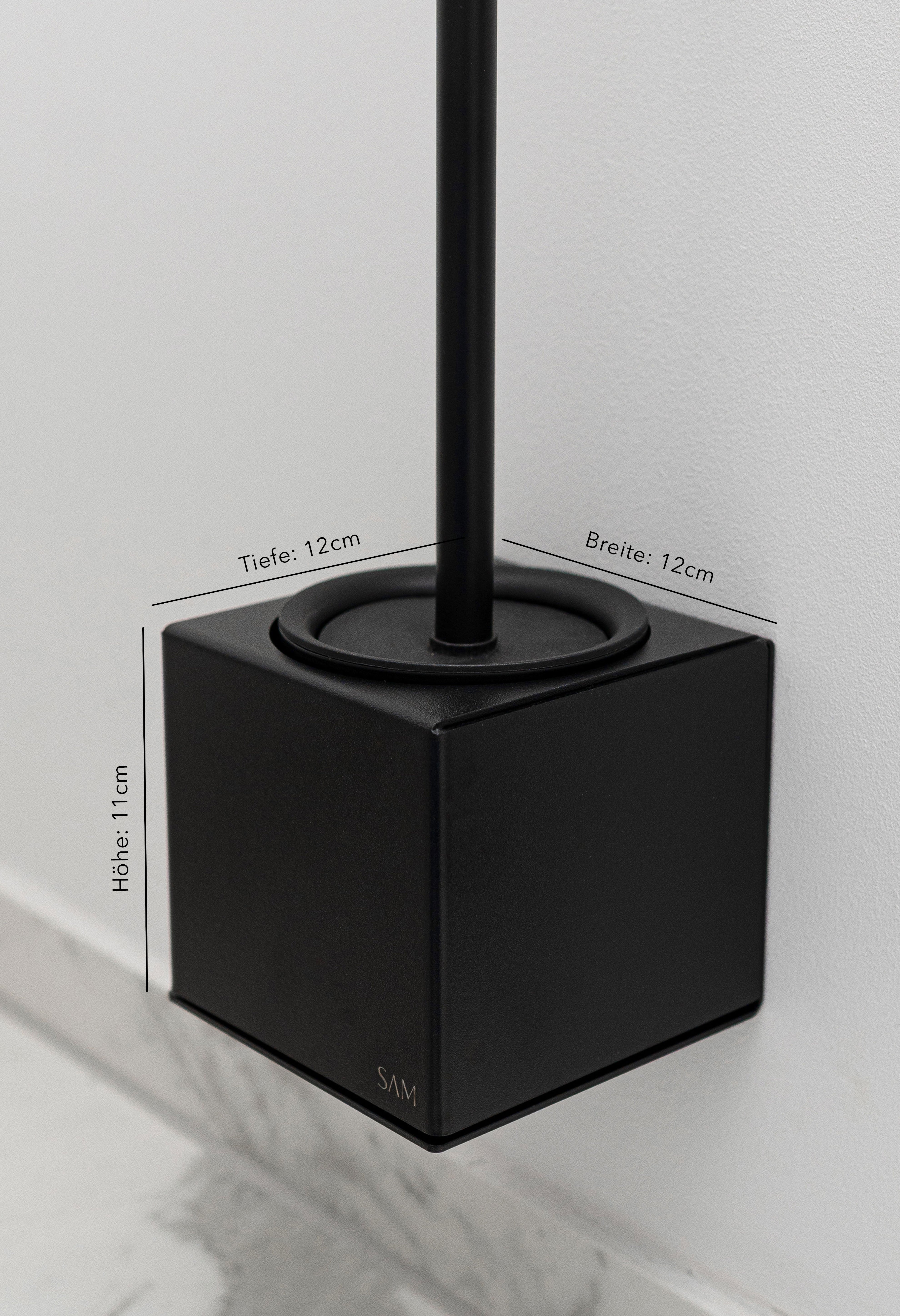 WC-Bürstenhalter LYON zum Kleben ohne Bohren in Farbe Schwarz Close-Up mit eingezeichneten Maßangaben.